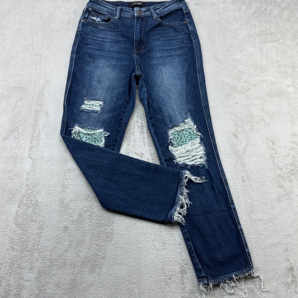 Judy Blue Jeans Women 5/27 Dark Wash Distressed Floral Patch Raw Hem Boho Grunge